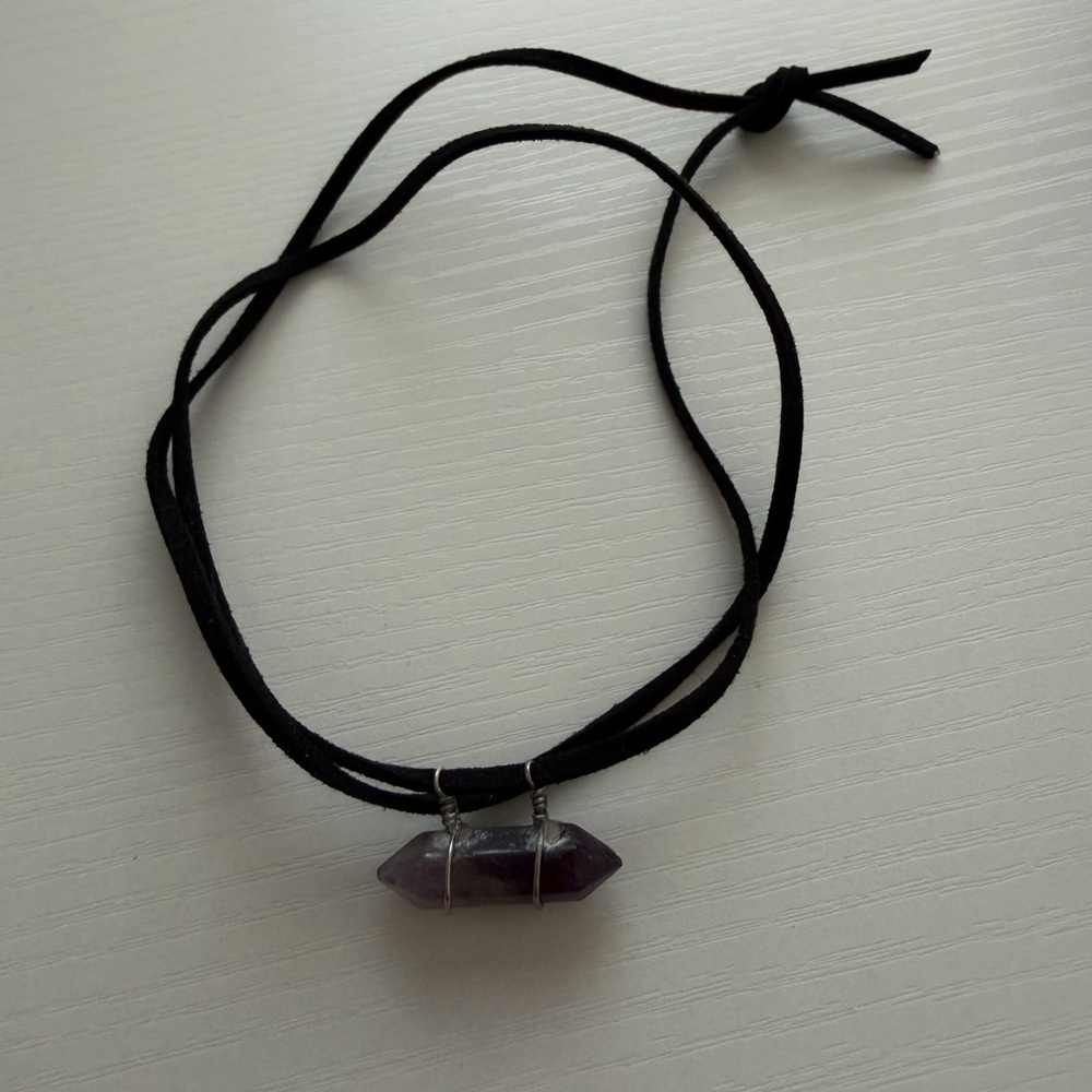 Black Cord Necklace with Purple Crystal Pendant